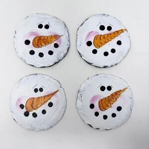 Snowman Face Hand Painted Slate Coasters Set of 4 Folk Whimsical Handcrafted
